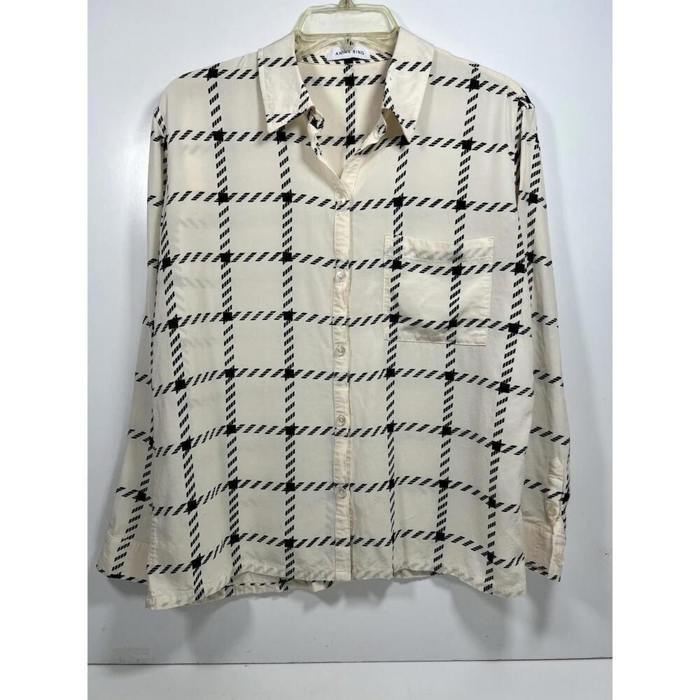 Anine Bing Aspen Button Up Blouse In Cream Check Sz XS See Pics - Picture 2 of 9